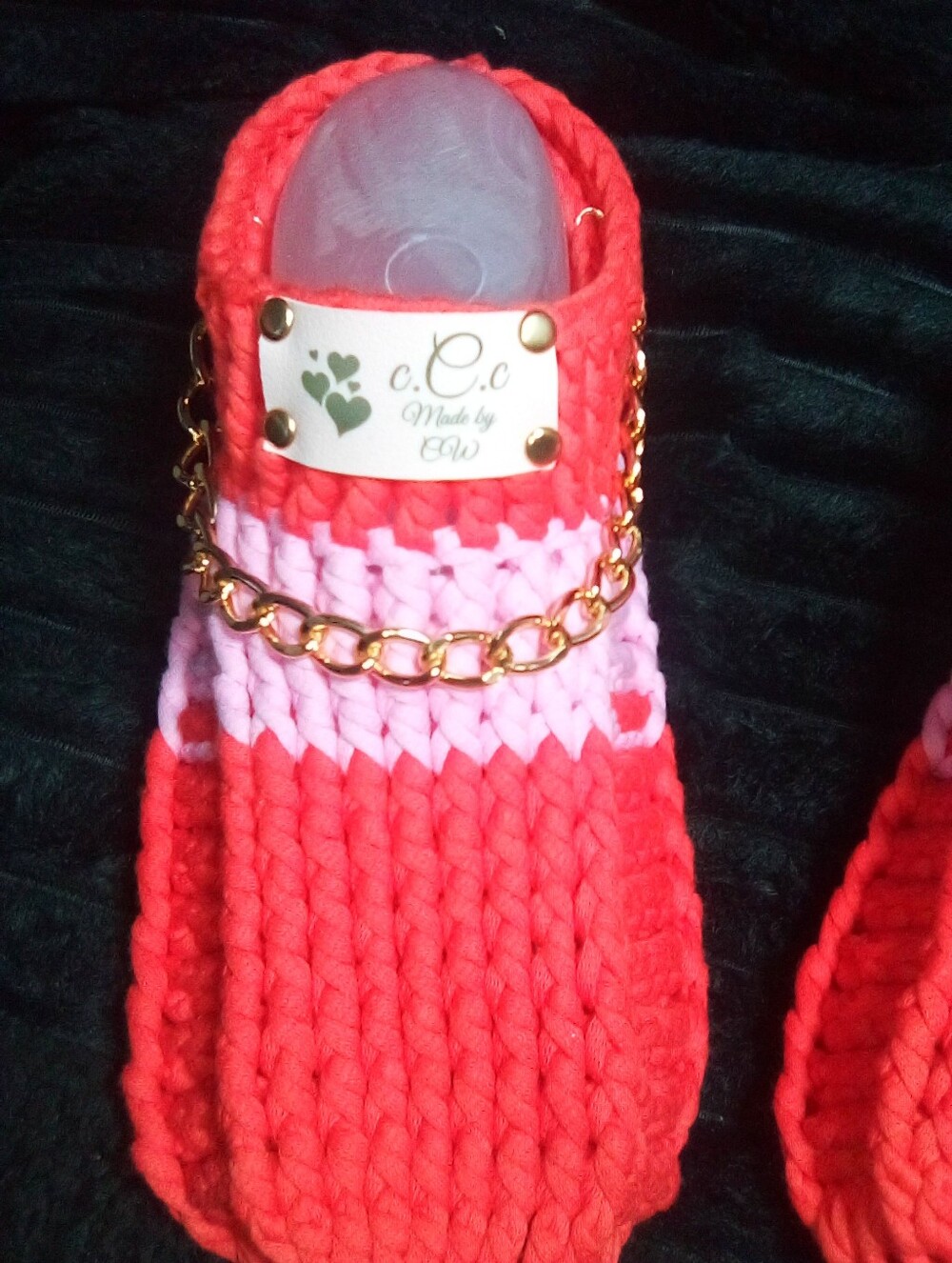 C.C.O Handcrafted Crochet Slide with Gold Chain - Coral & Pink